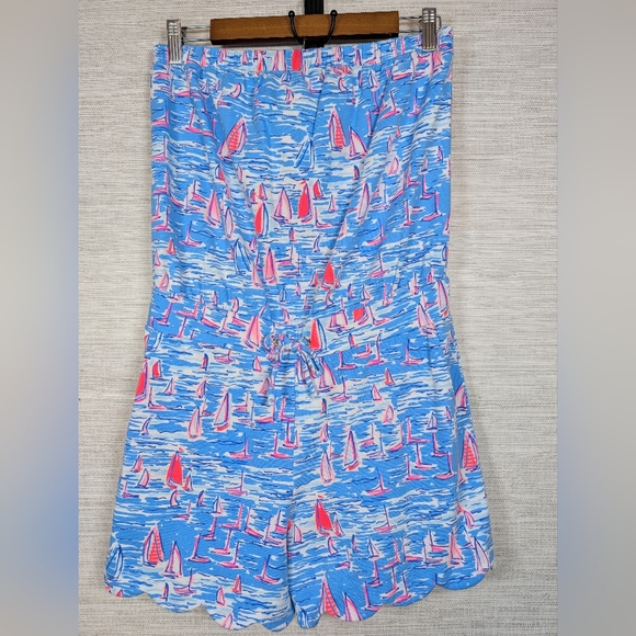 Lilly Pulitzer Jace Romper Zanzibar Blue Sailboats Medium Strapless Pink - Picture 2 of 12